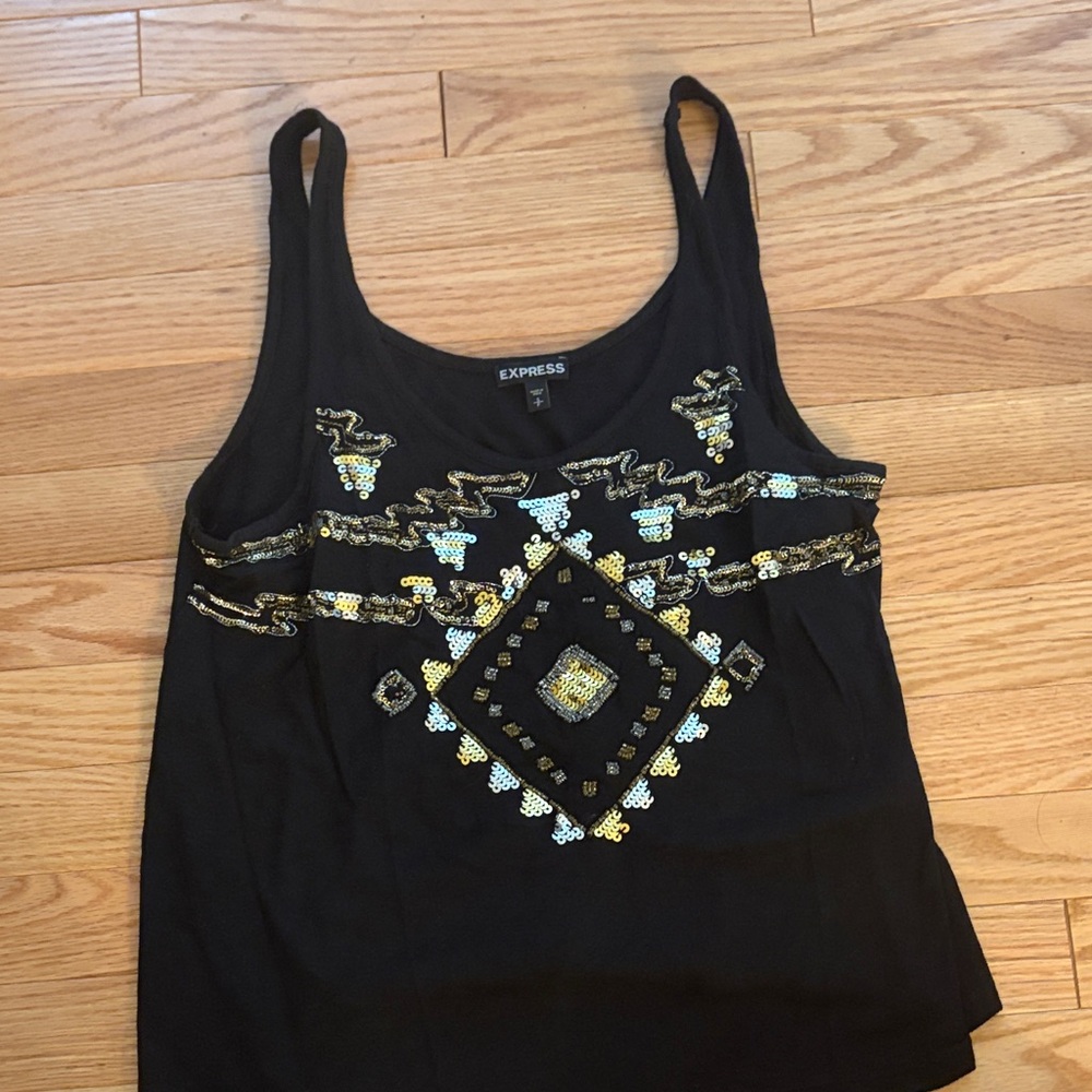 Express Black Tank with Gold & Silver Sequin Diamond Motif